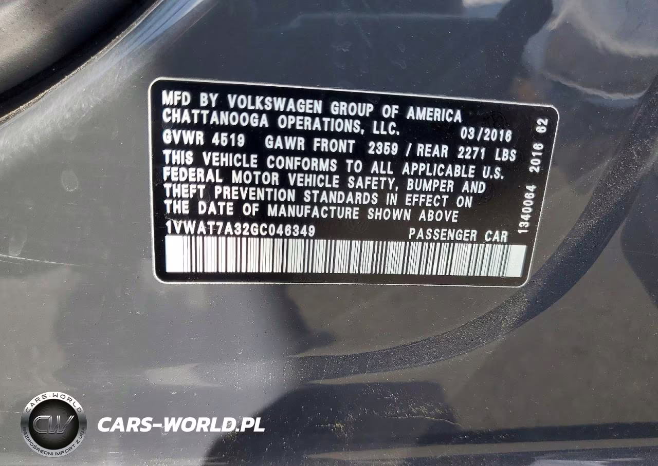 2016 Volkswagen Passat S VIN:1VWAT7A32GC046349 - 12