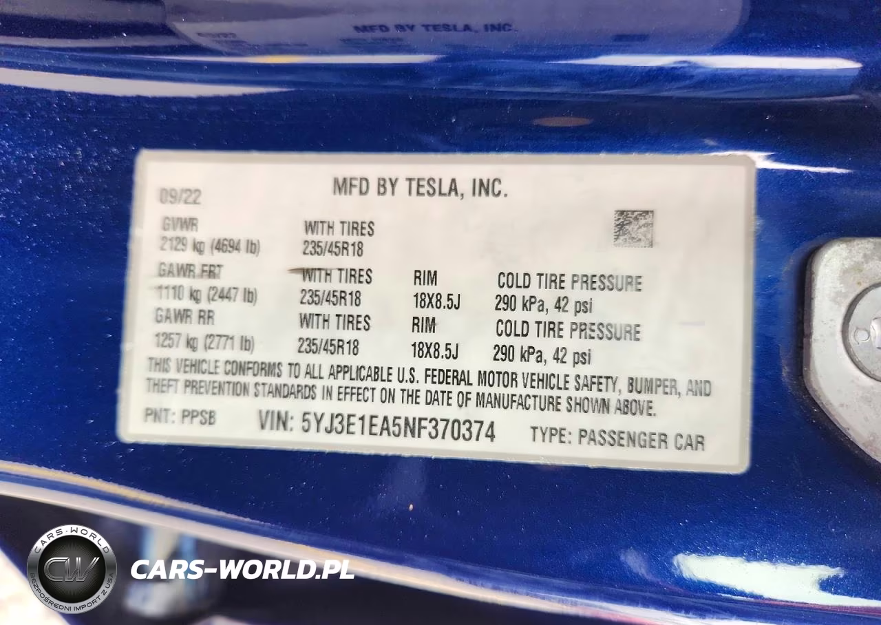 2022 Tesla Model 3 VIN:5YJ3E1EA5NF370374 - 12