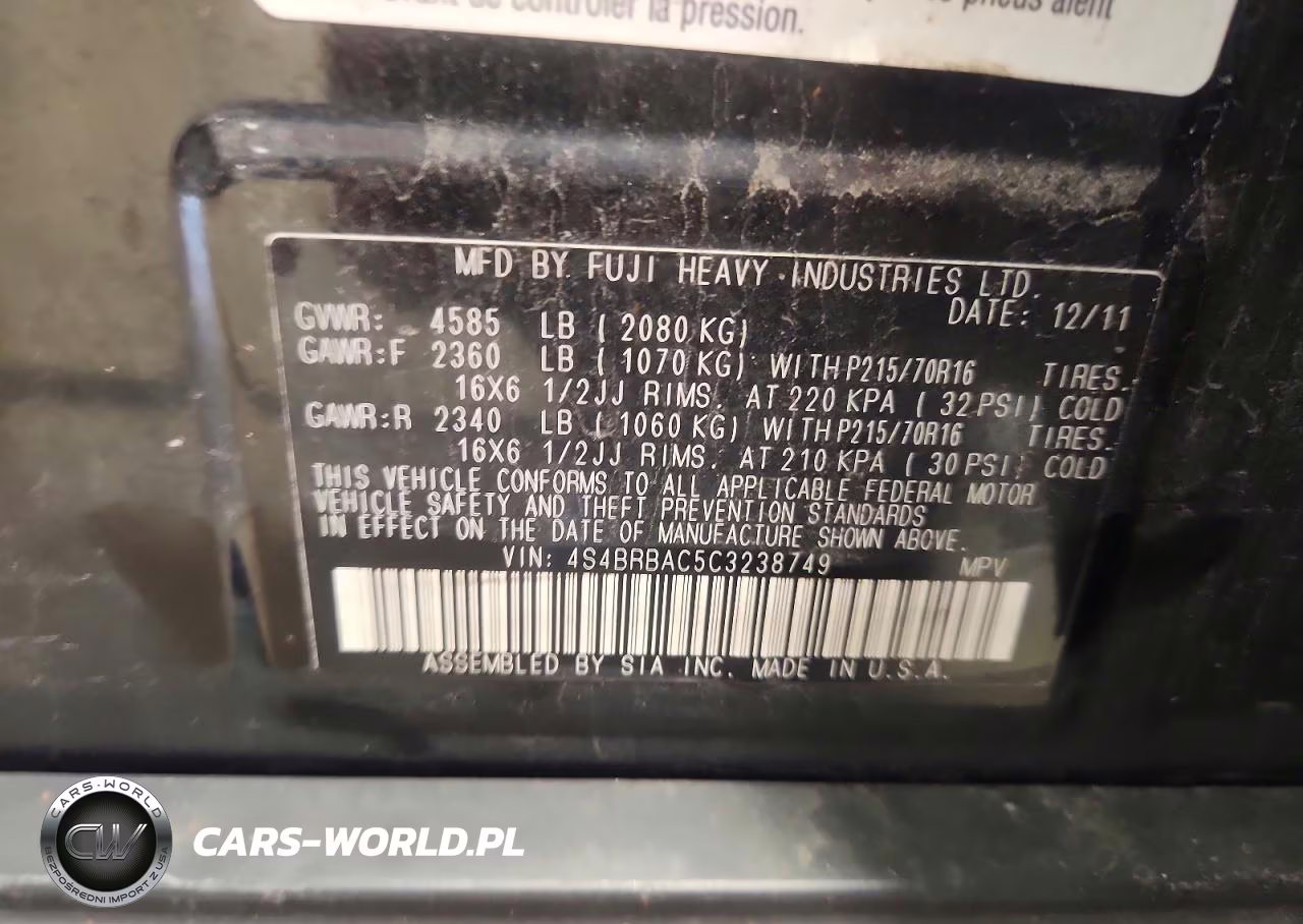 2012 Subaru Outback 2.5I VIN:4S4BRBAC5C3238749 - 12