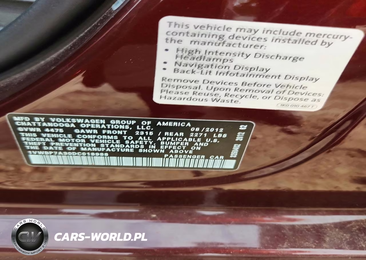 2013 Volkswagen Passat Se VIN:1VWBP7A30DC018988 - 12
