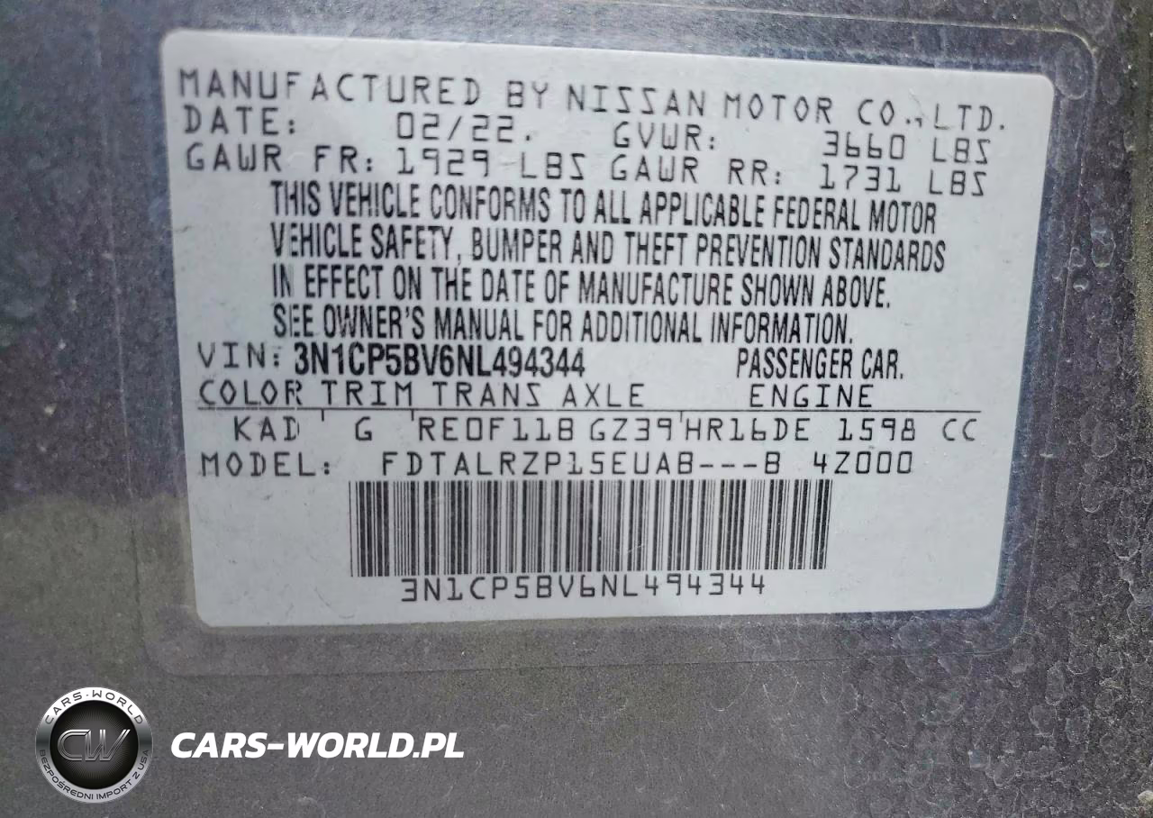 2022 Nissan Kicks S VIN:3N1CP5BV6NL494344 - 14