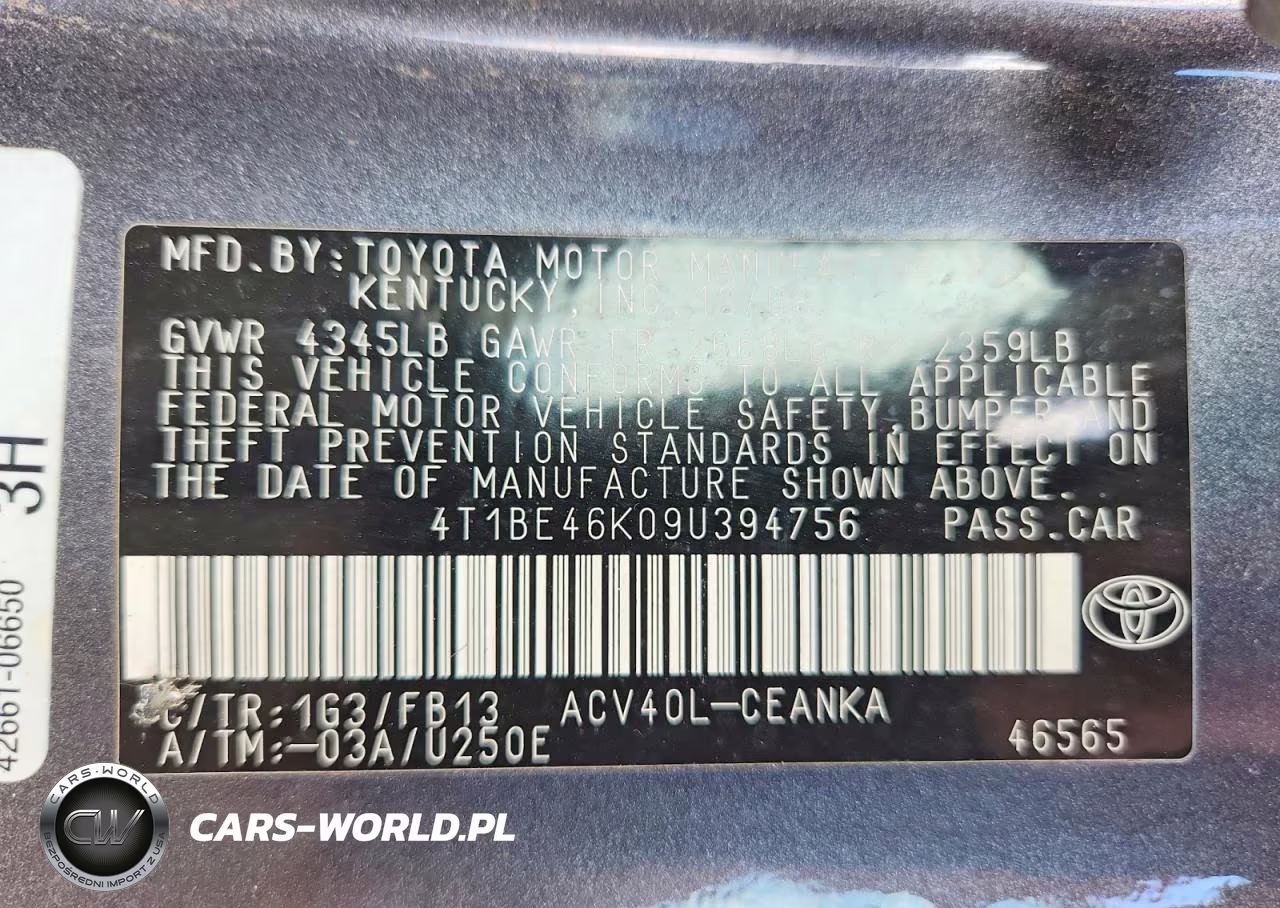 2009 Toyota Camry Le VIN:4T1BE46K09U394756 - 12