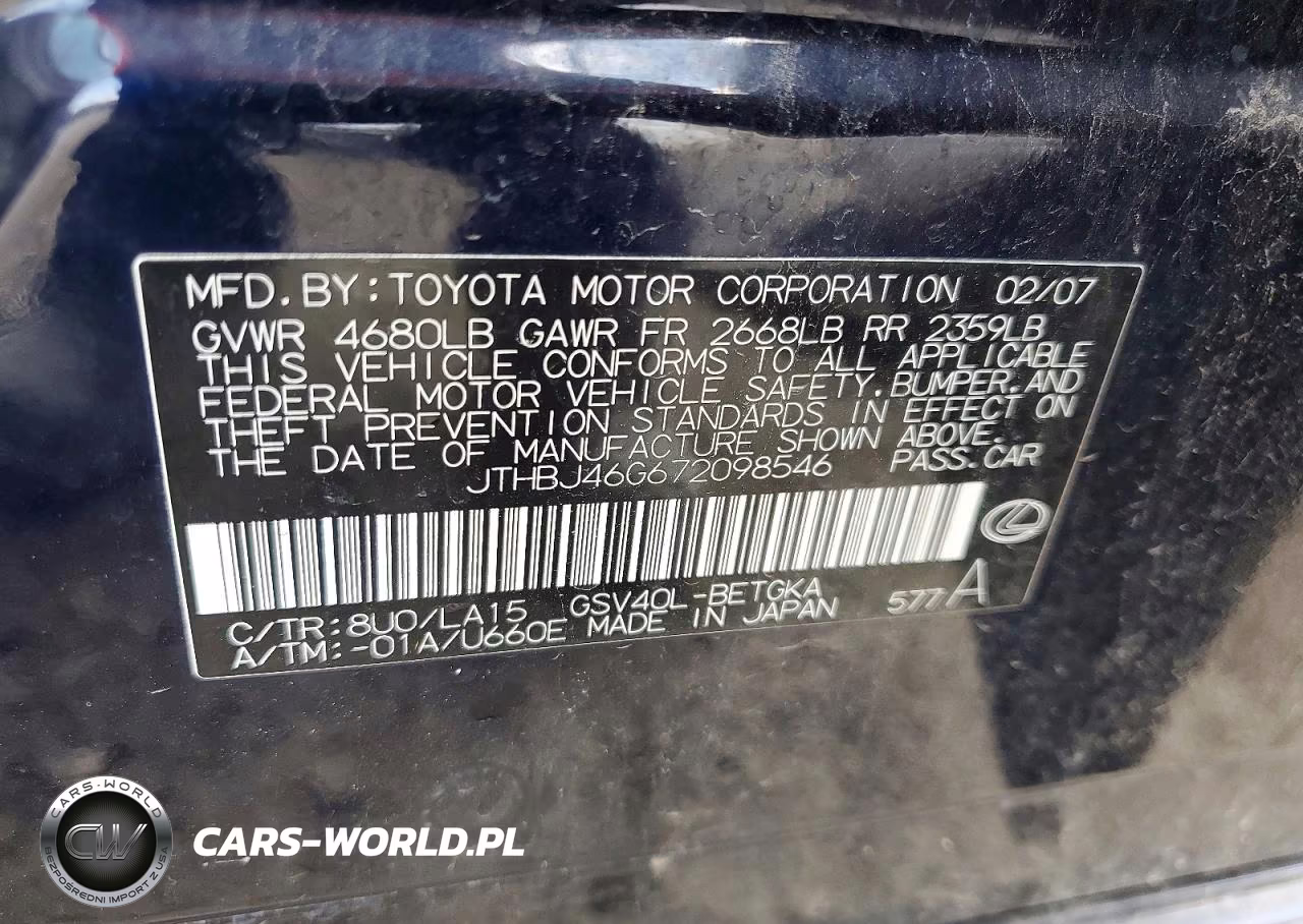 2007 Lexus Es 350 VIN:JTHBJ46G672098546 - 13