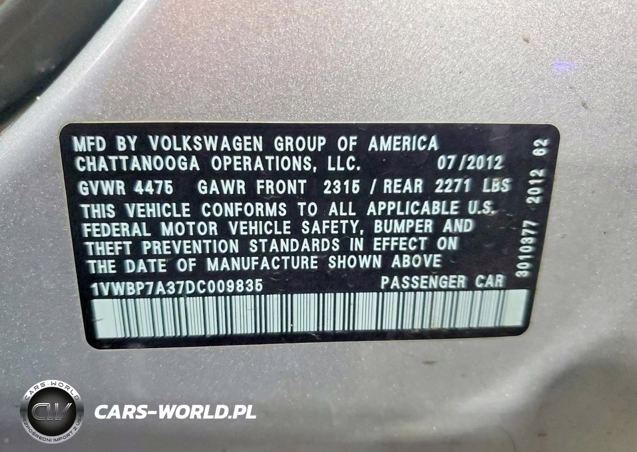 2013 Volkswagen Passat Se VIN:1VWBP7A37DC009835 - 12