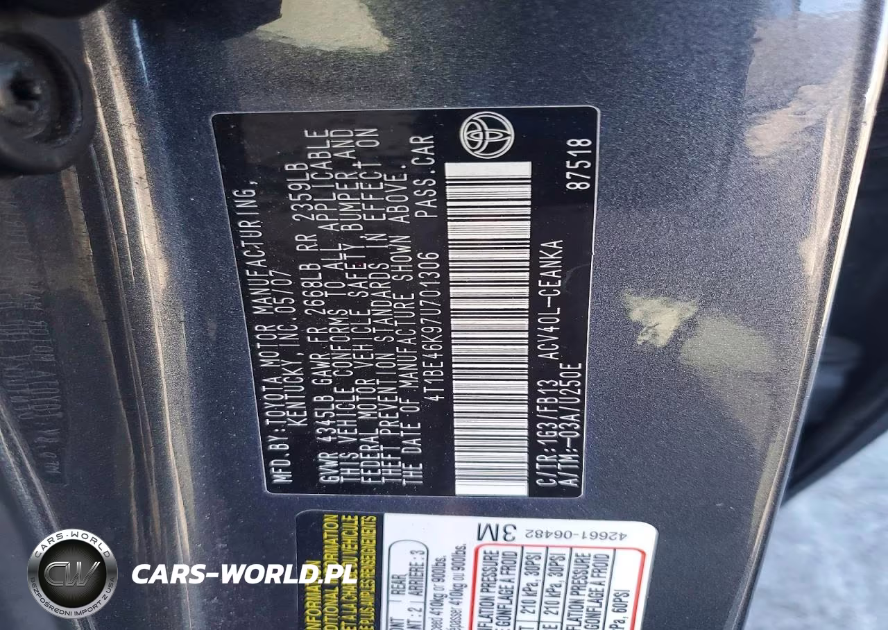 2007 Toyota Camry Le VIN:4T1BE46K97U701306 - 12