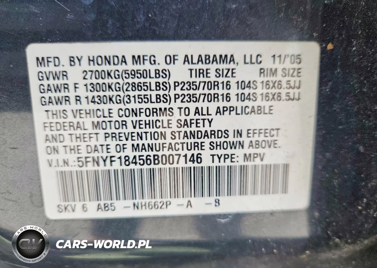 2006 Honda Pilot Ex VIN:5FNYF18456B007146 - 13