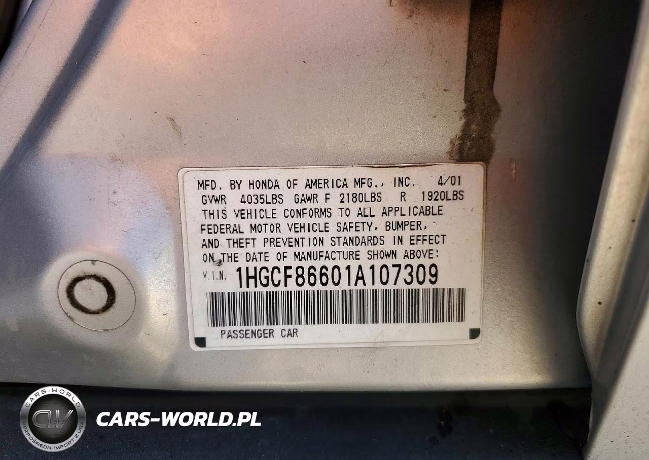 2001 Honda Accord Value VIN:1HGCF86601A107309 - 12