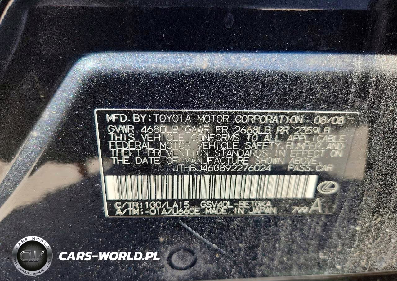 2009 Lexus Es 350 VIN:JTHBJ46G892276024 - 12