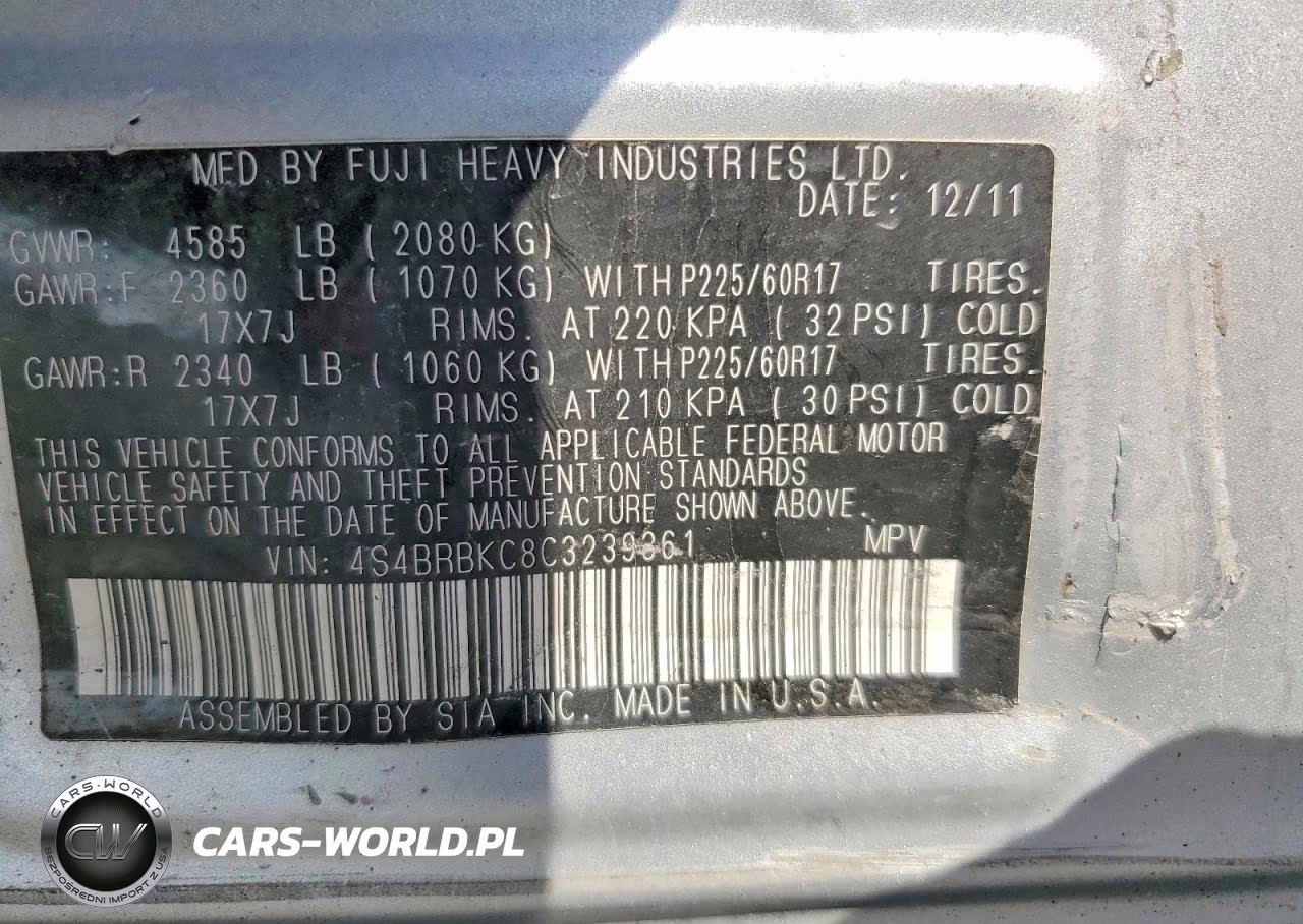 2012 Subaru Outback 2.5I Limited VIN:4S4BRBKC8C3239361 - 12