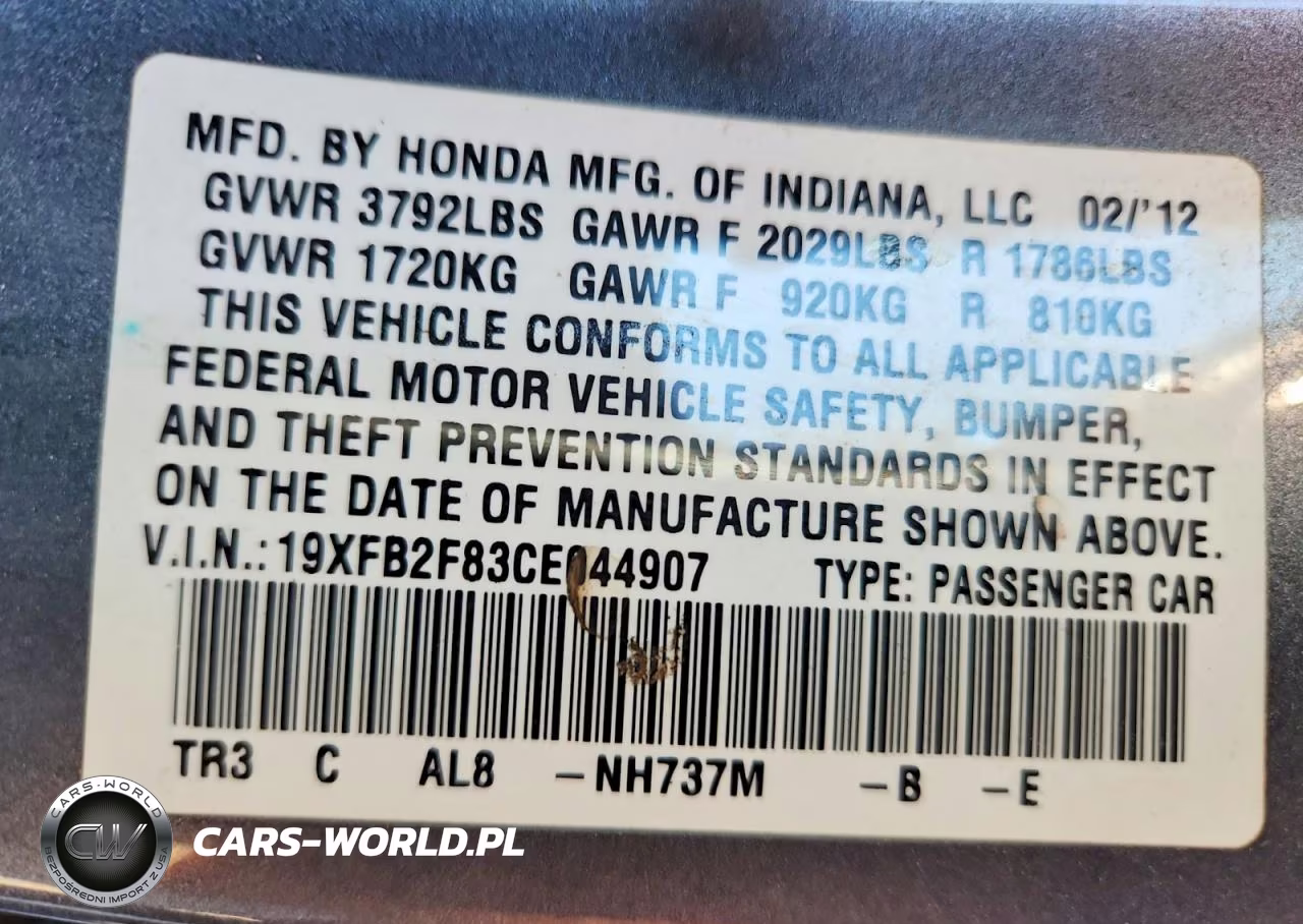 2012 Honda Civic Ex VIN:19XFB2F83CE044907 - 12
