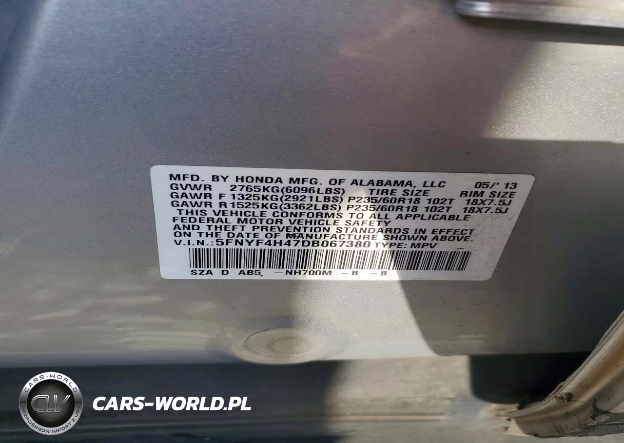 2013 Honda Pilot Ex VIN:5FNYF4H47DB067380 - 12