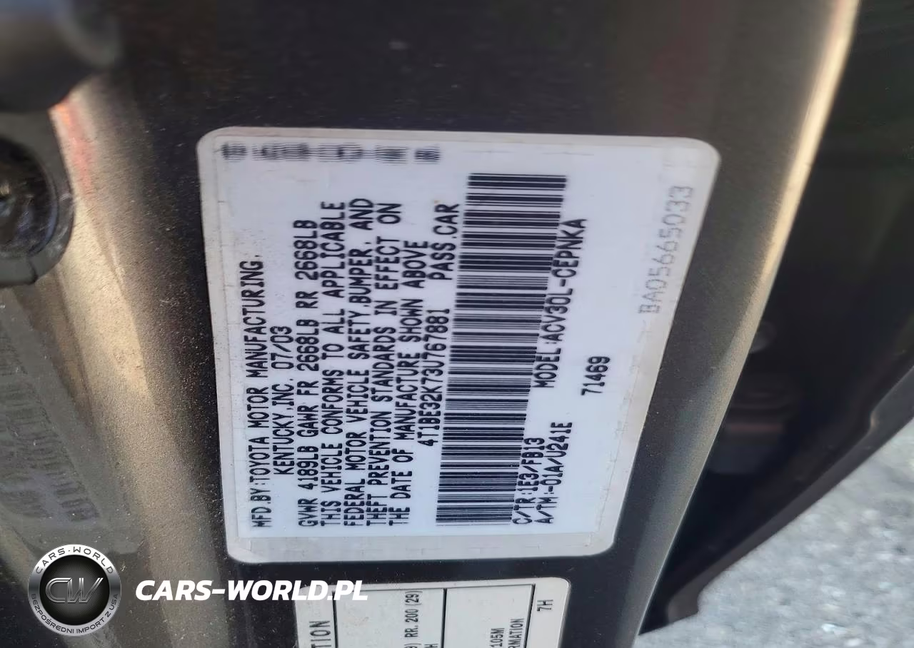 2003 Toyota Camry Le VIN:4T1BE32K73U767881 - 12