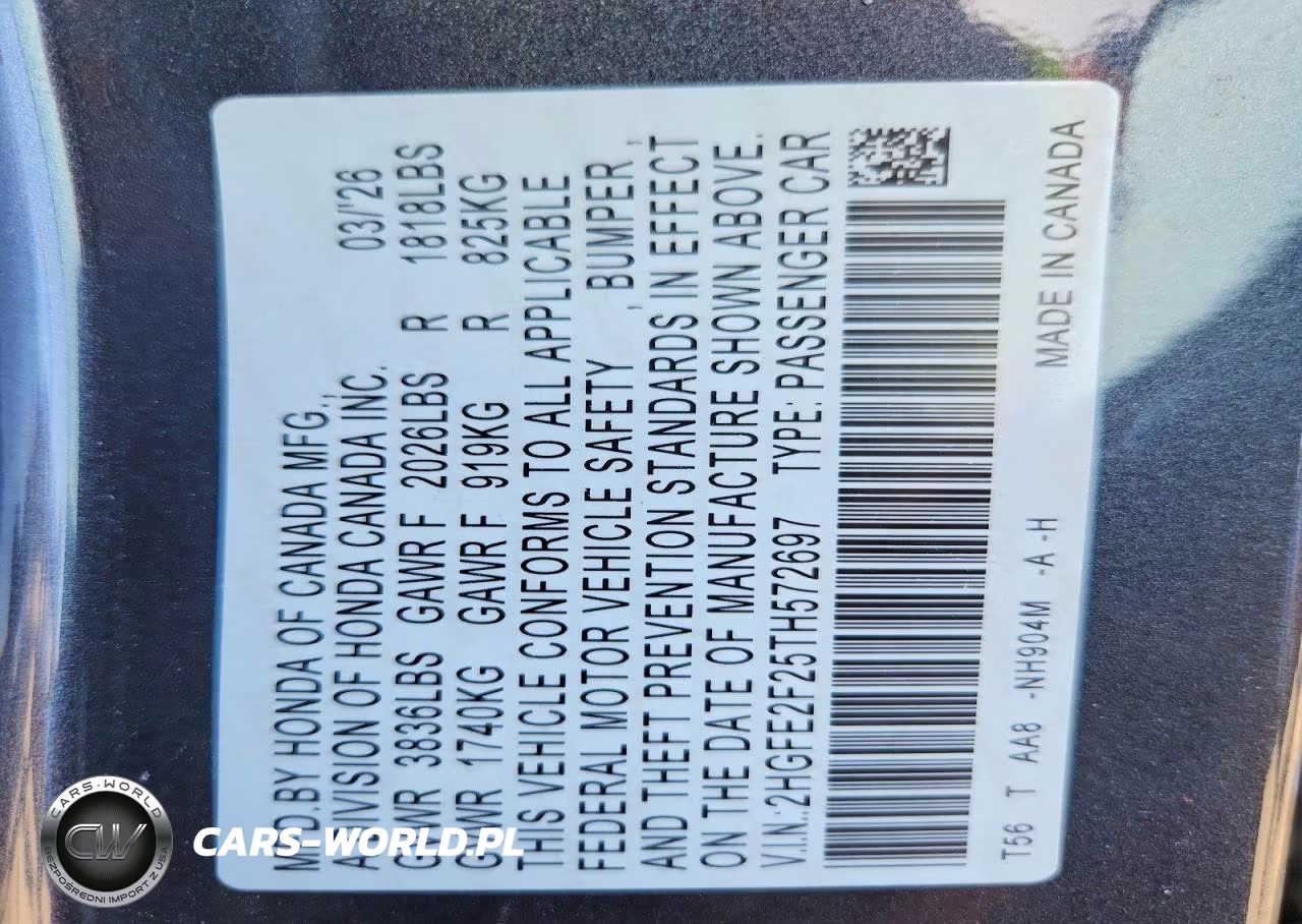 2026 Honda Civic Lx VIN:2HGFE2F25TH572697 - 12