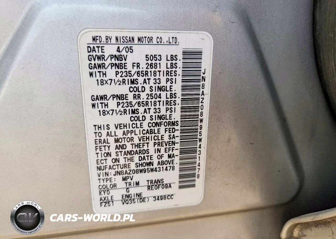 2005 Nissan Murano S VIN:JN8AZ08W95W431478 - 12