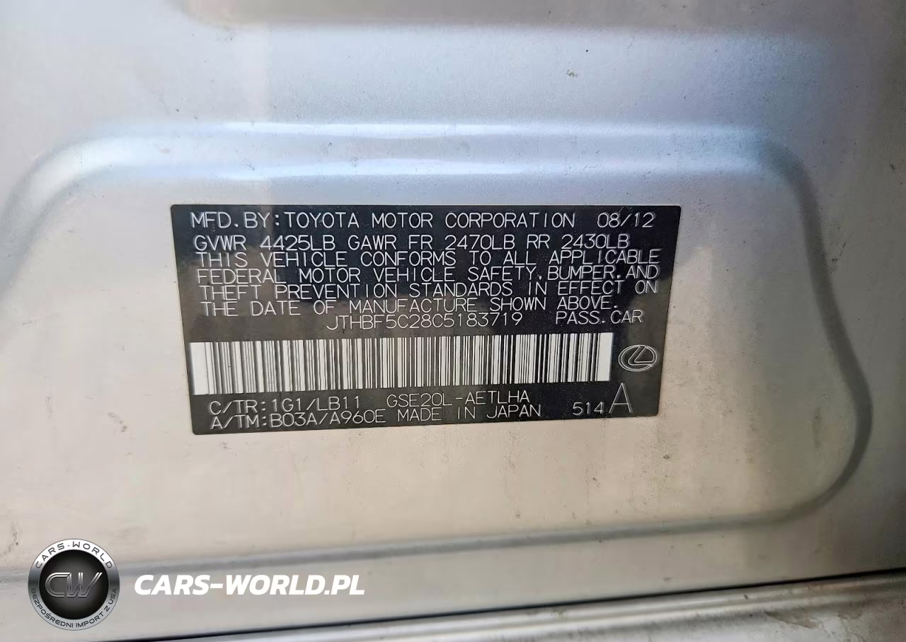 2012 Lexus Is 250 Base VIN:JTHBF5C28C5183719 - 12
