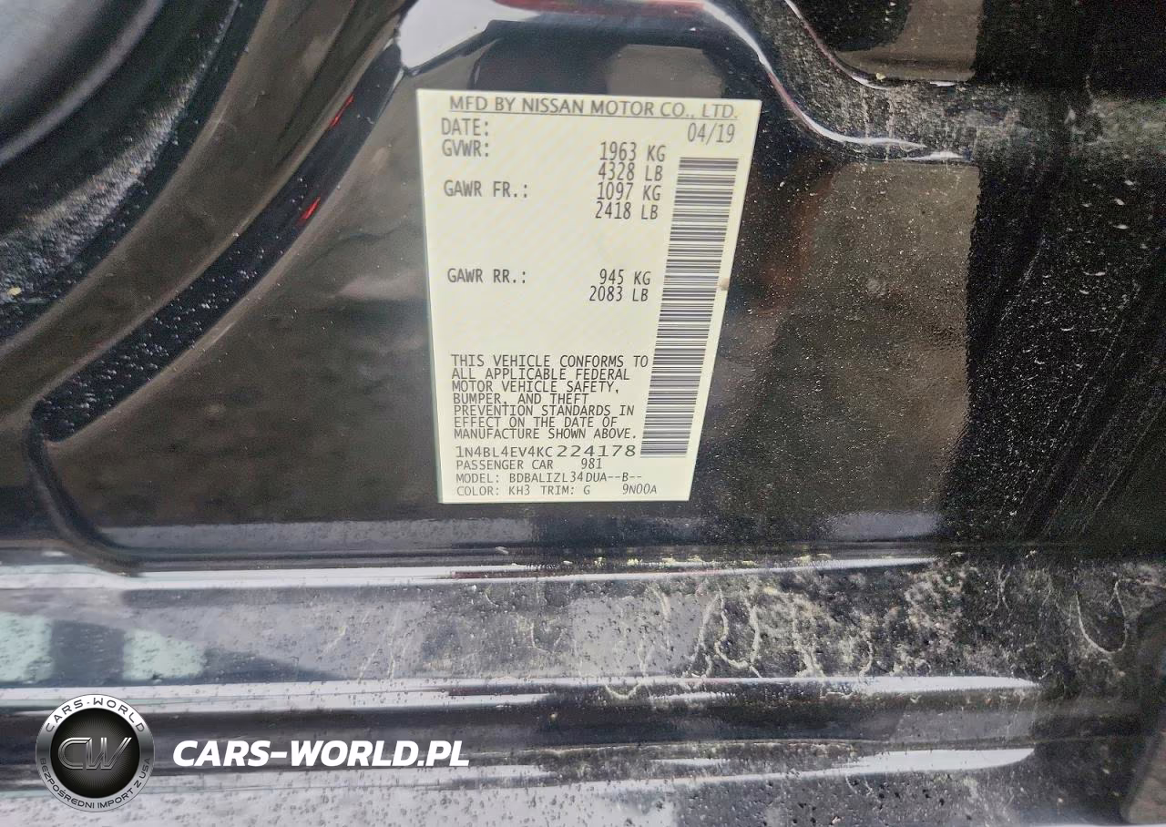 2019 Nissan Altima Sl VIN:1N4BL4EV4KC224178 - 12