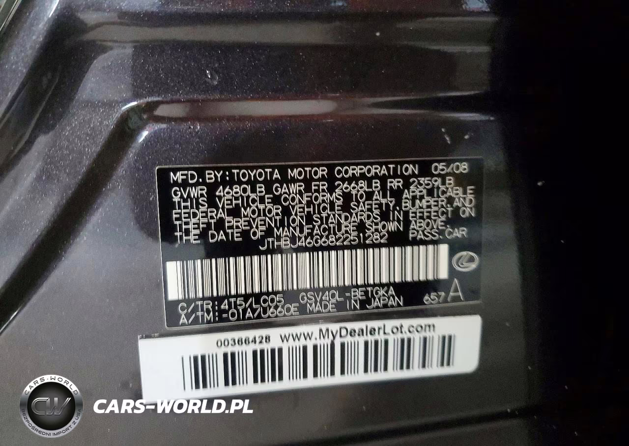 2008 Lexus Es 350 VIN:JTHBJ46G682251282 - 12