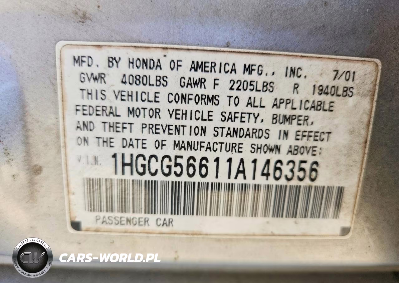 2001 Honda Accord Ex VIN:1HGCG56611A146356 - 12