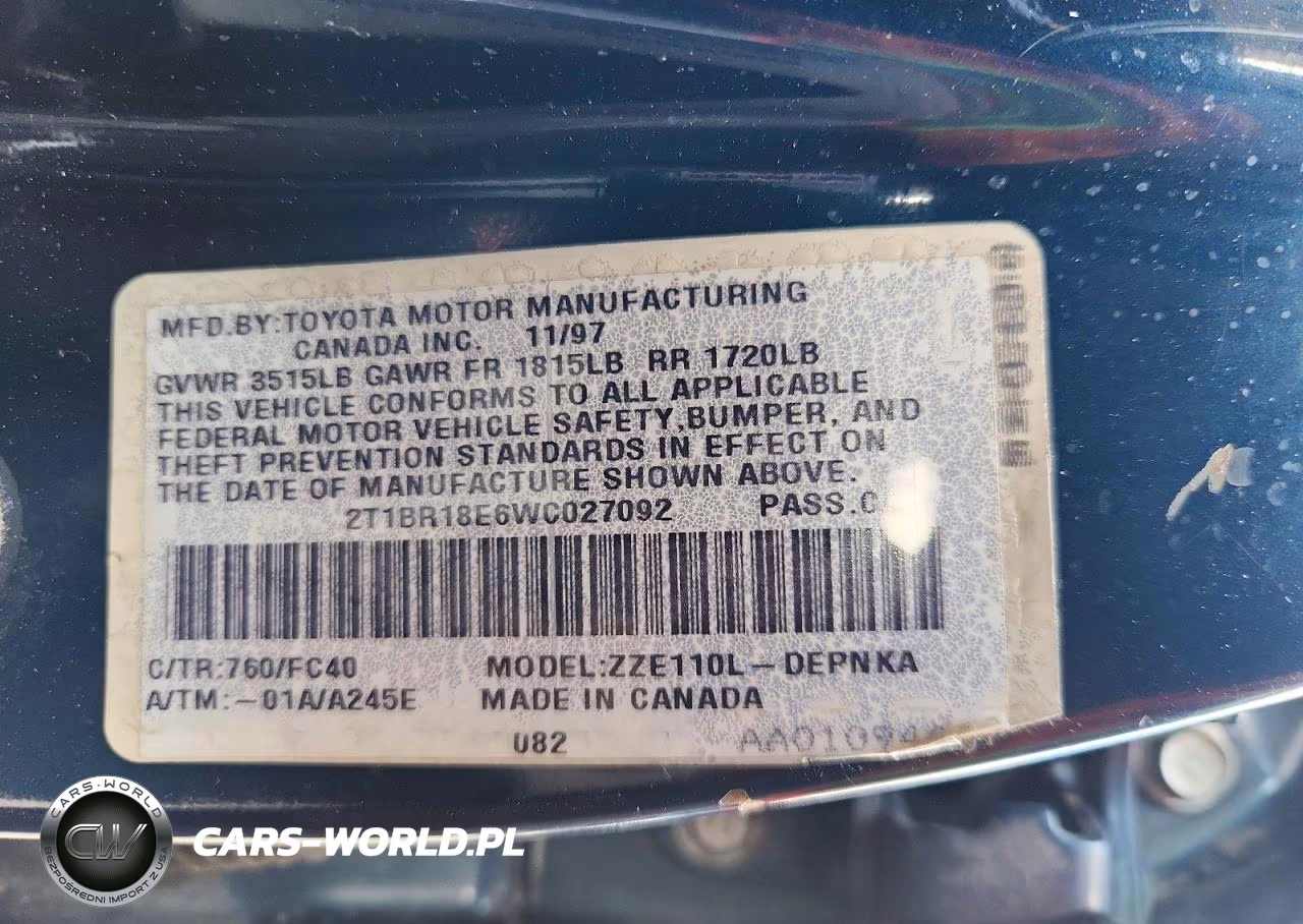 1998 Toyota Corolla Ve VIN:2T1BR18E6WC027092 - 12