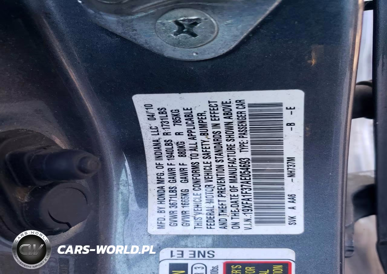 2010 Honda Civic Vp VIN:19XFA1F37AE054693 - 13
