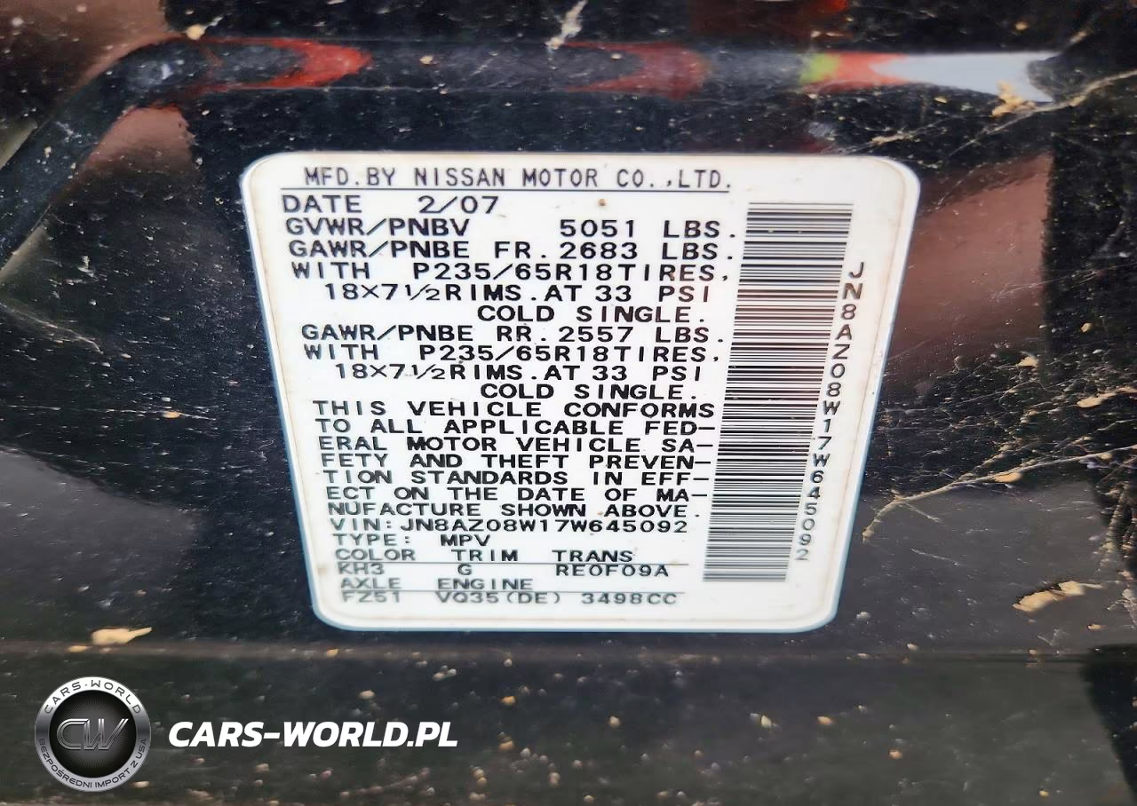2007 Nissan Murano S VIN:JN8AZ08W17W645092 - 13
