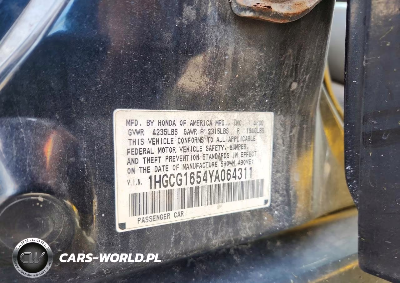 2000 Honda Accord Ex VIN:1HGCG1654YA064311 - 12