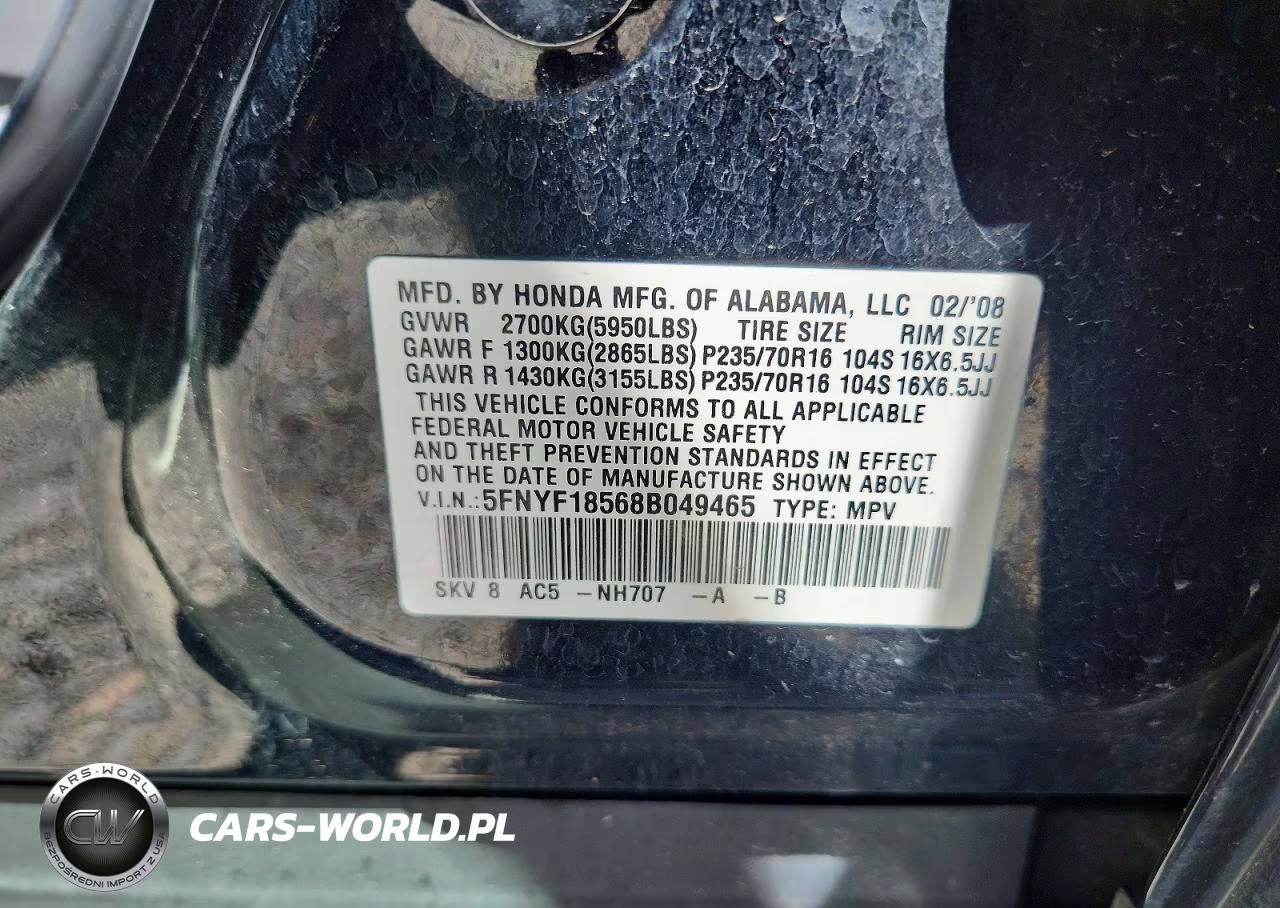 2008 Honda Pilot Exl VIN:5FNYF18568B049465 - 13