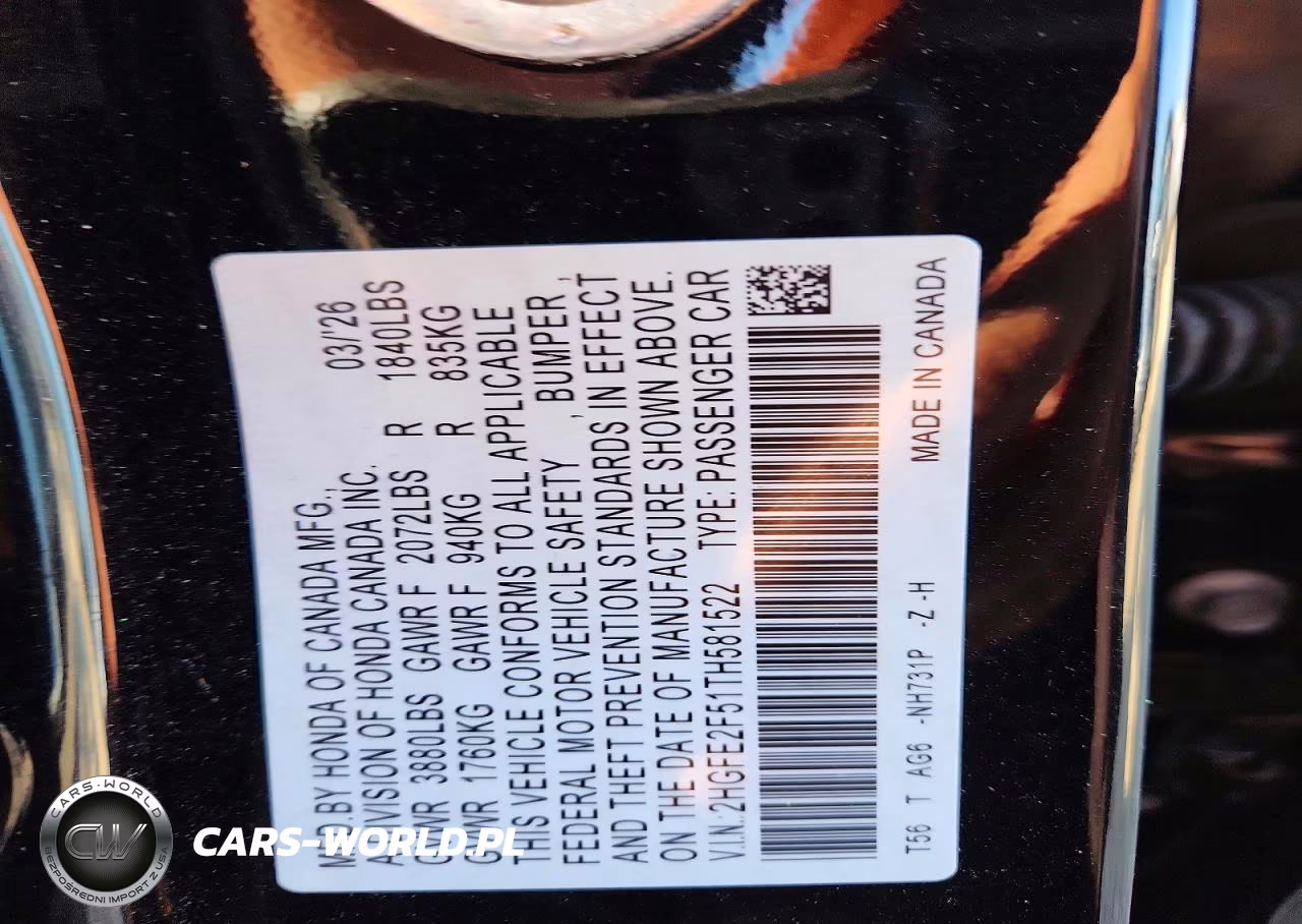2026 Honda Civic Sport VIN:2HGFE2F51TH581522 - 12