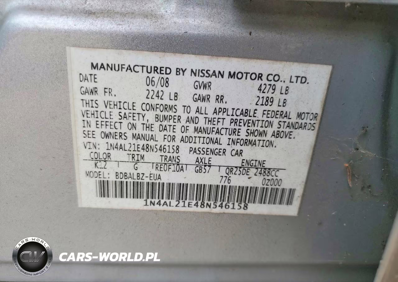 2008 Nissan Altima 2.5 VIN:1N4AL21E48N546158 - 12