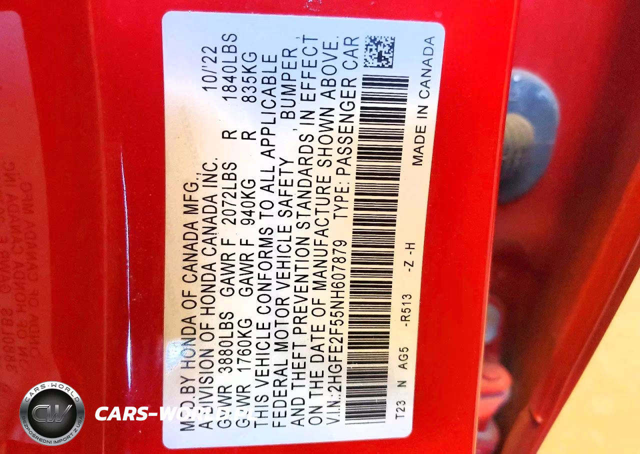 2022 Honda Civic Sport VIN:2HGFE2F55NH607879 - 12