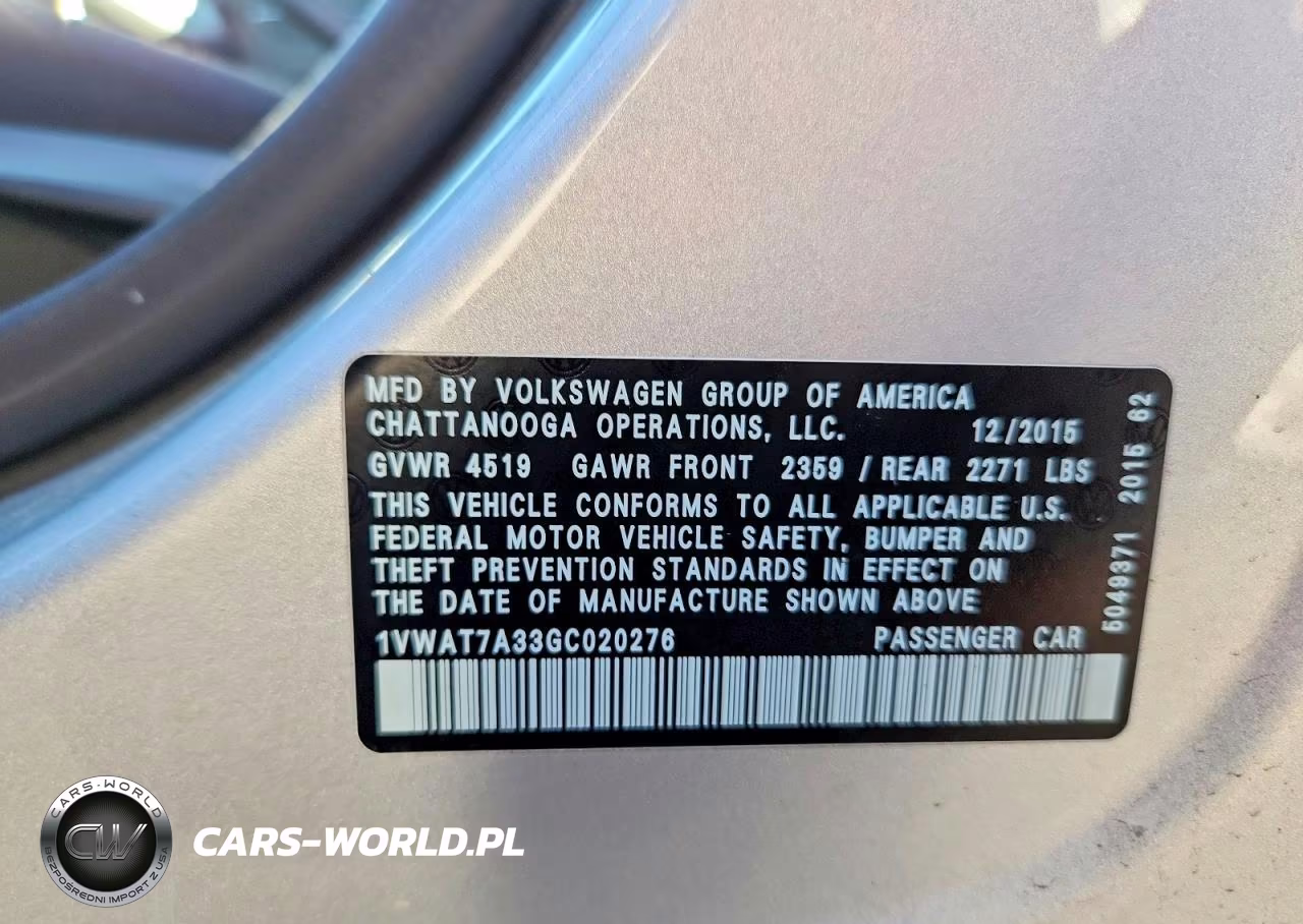 2016 Volkswagen Passat S VIN:1VWAT7A33GC020276 - 12