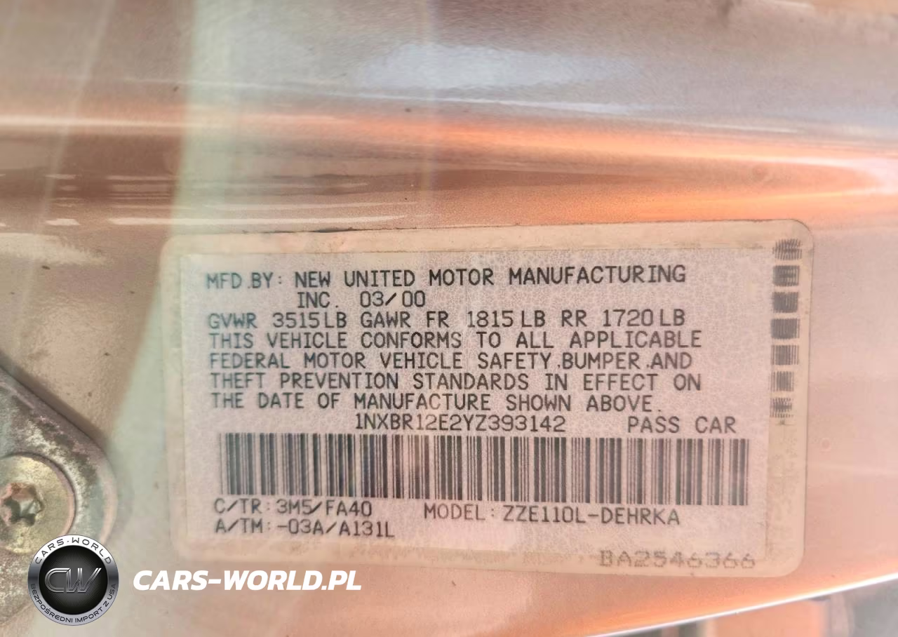 2000 Toyota Corolla Ve VIN:1NXBR12E2YZ393142 - 12