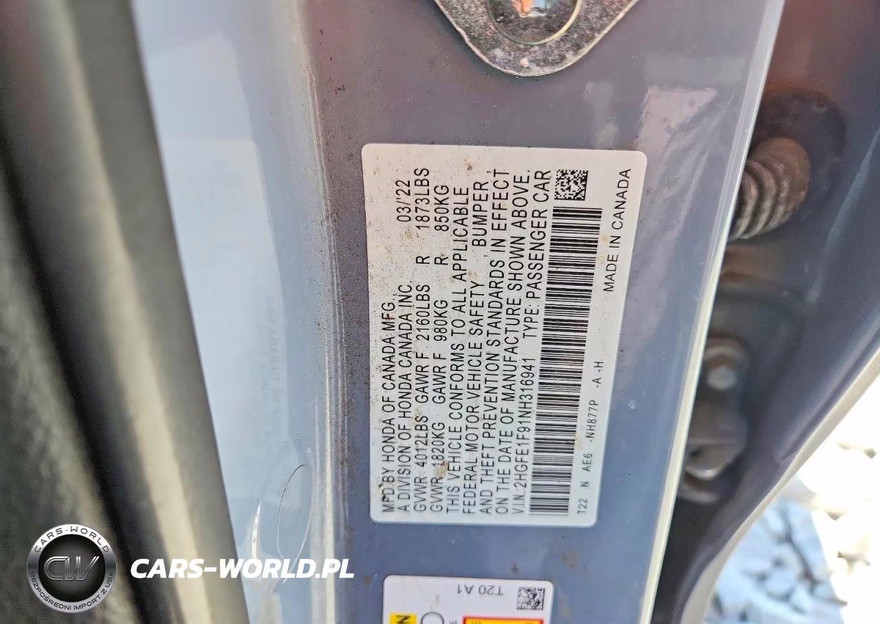 2022 Honda Civic Touring VIN:2HGFE1F91NH316941 - 12