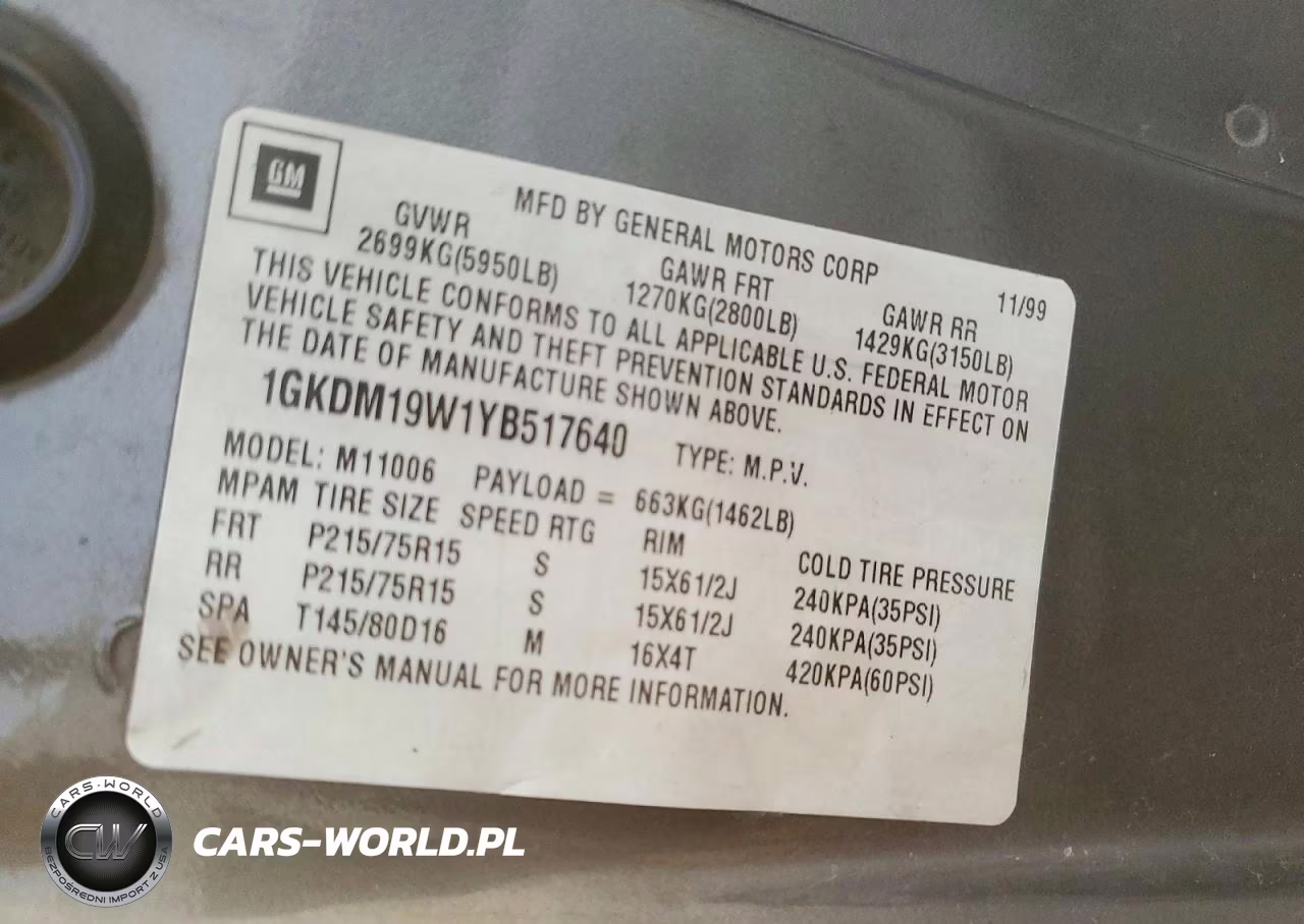 2000 GMC Safari Xt VIN:1GKDM19W1YB517640 - 14