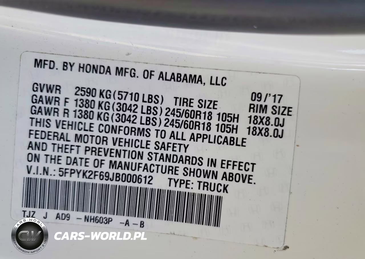 2018 Honda Ridgeline Rtl VIN:5FPYK2F69JB000612 - 12
