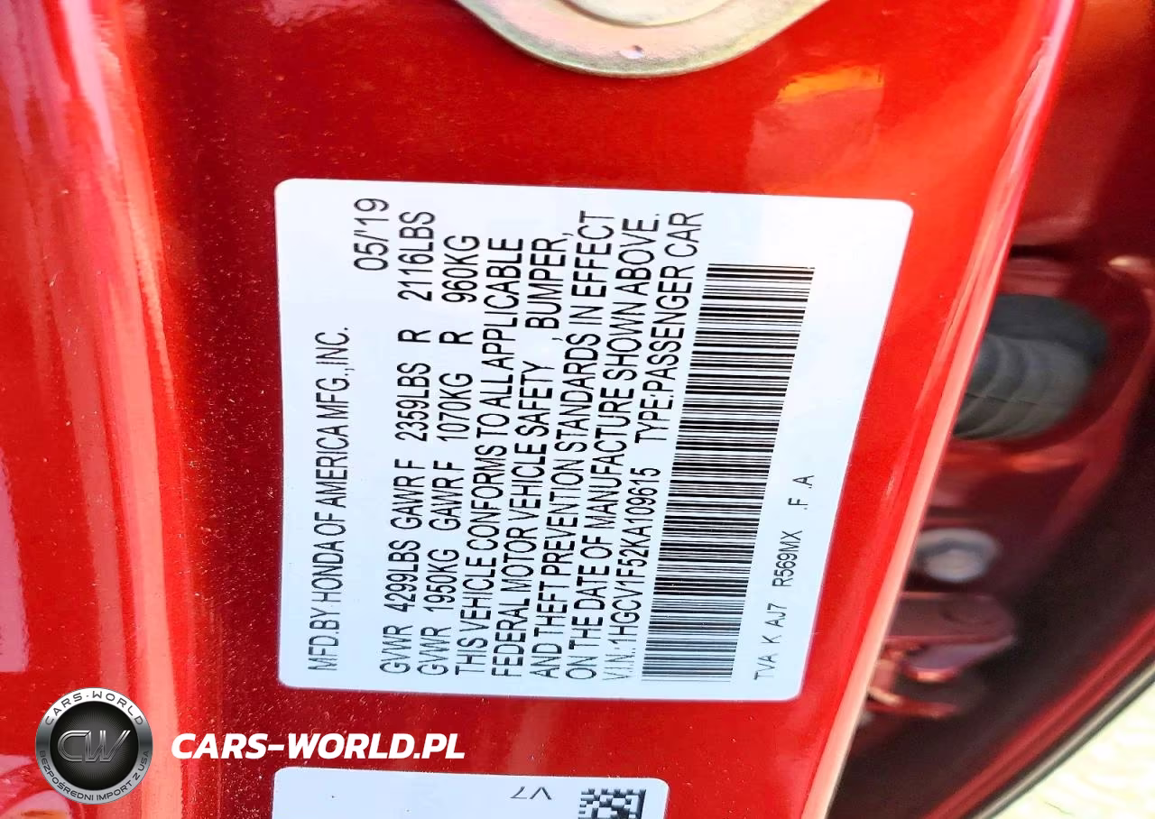 2019 Honda Accord Exl VIN:1HGCV1F52KA109615 - 12
