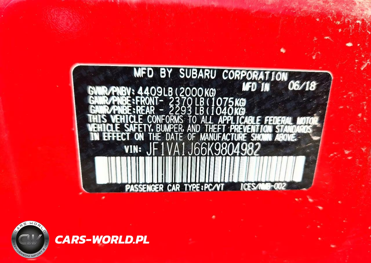 2019 Subaru Wrx Limited VIN:JF1VA1J66K9804982 - 12