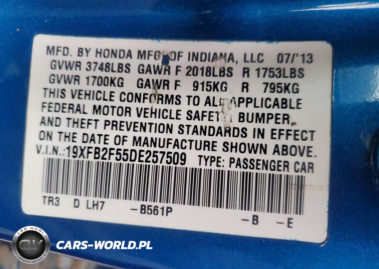 2013 Honda Civic Lx VIN:19XFB2F55DE257509 - 12