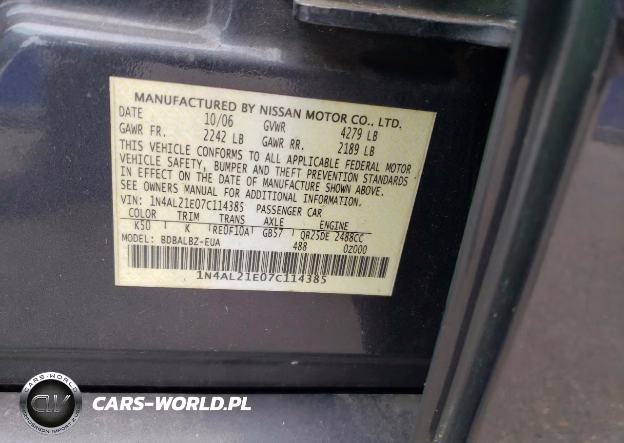 2007 Nissan Altima 2.5 VIN:1N4AL21E07C114385 - 13