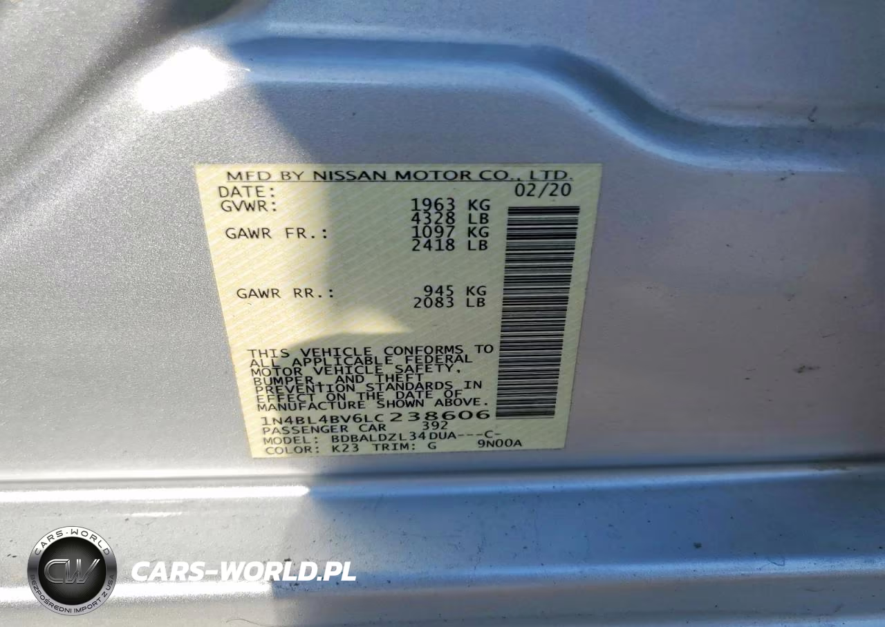 2020 Nissan Altima S VIN:1N4BL4BV6LC238606 - 12