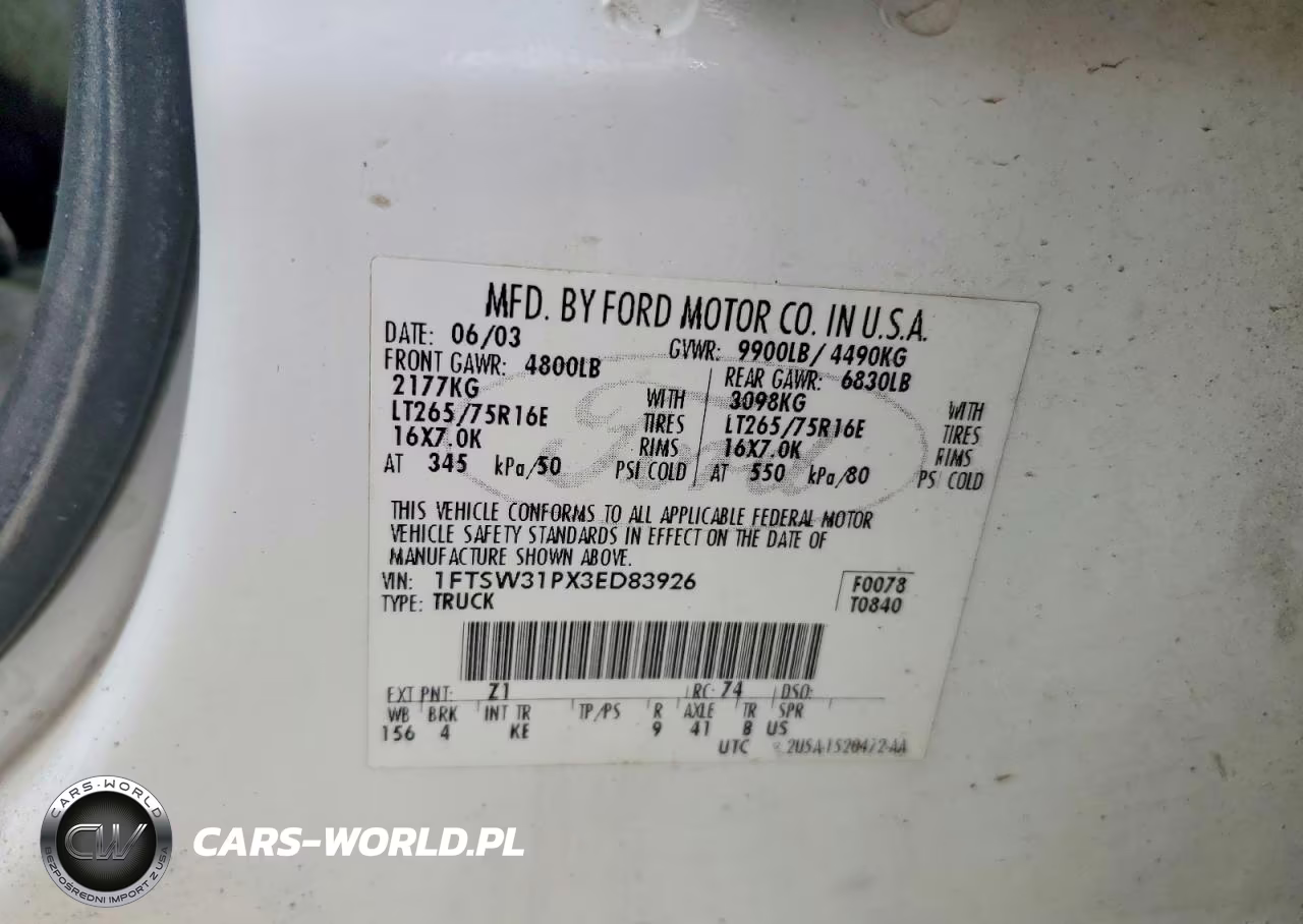2003 Ford F350 Srw Super Duty VIN:1FTSW31PX3ED83926 - 12