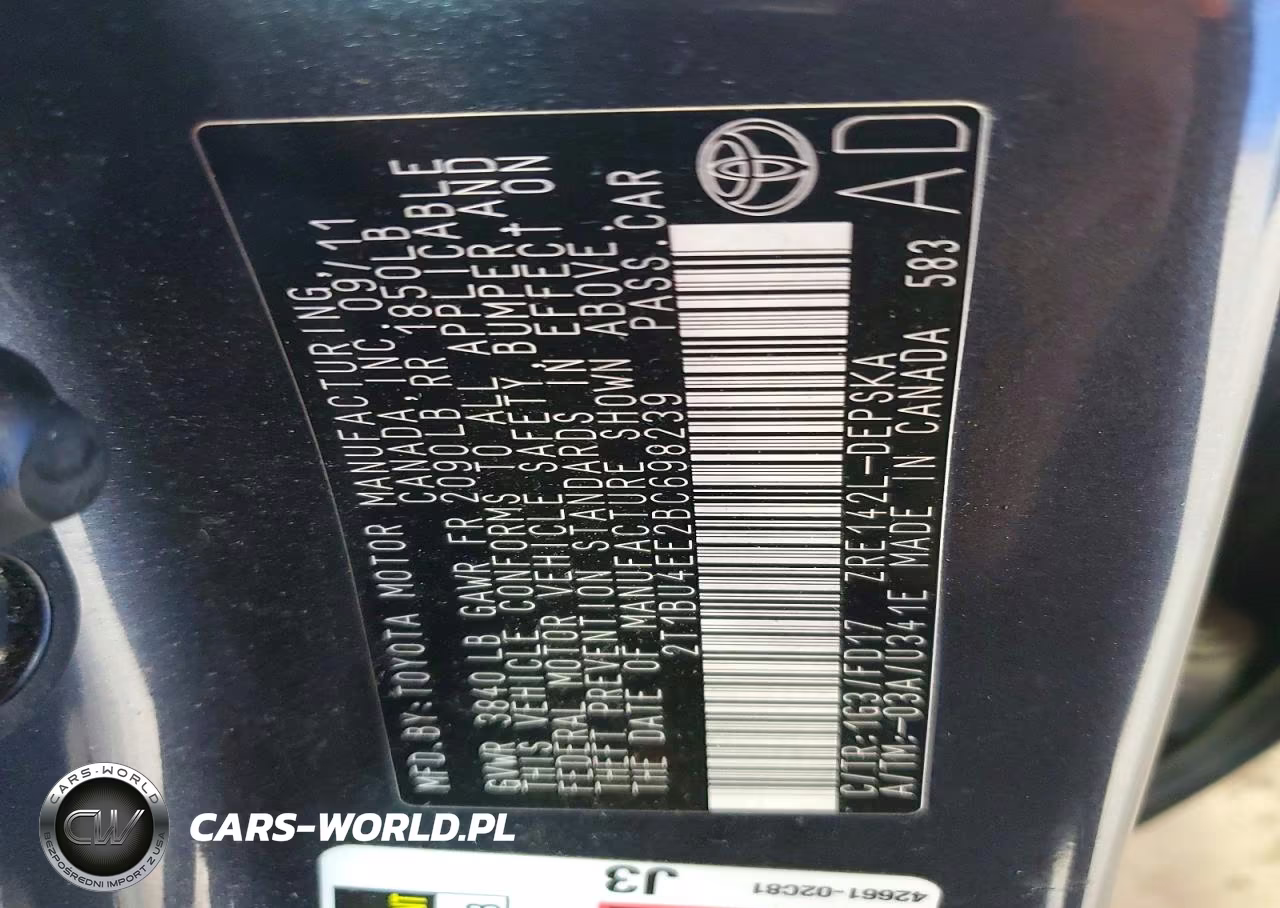 2011 TOYOTA COROLLA BA BASE VIN:2T1BU4EE2BC698239 - 12