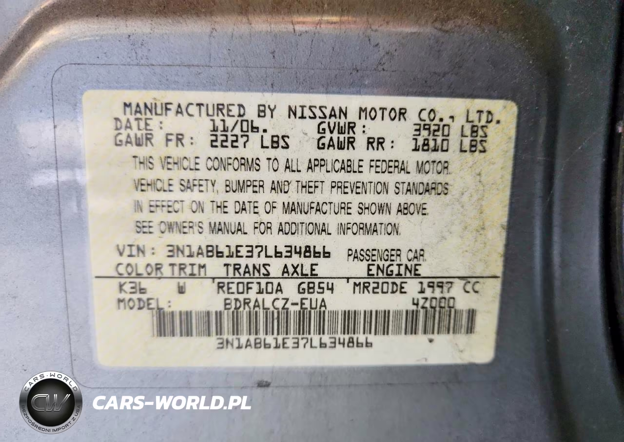 2007 Nissan Sentra 2.0 VIN:3N1AB61E37L634866 - 12