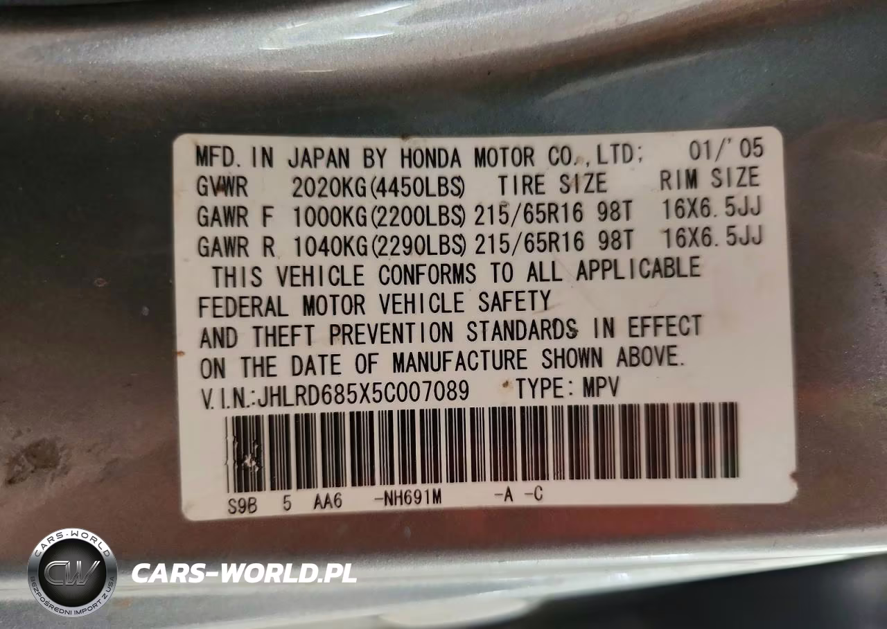 2005 Honda Cr-V Lx VIN:JHLRD685X5C007089 - 13