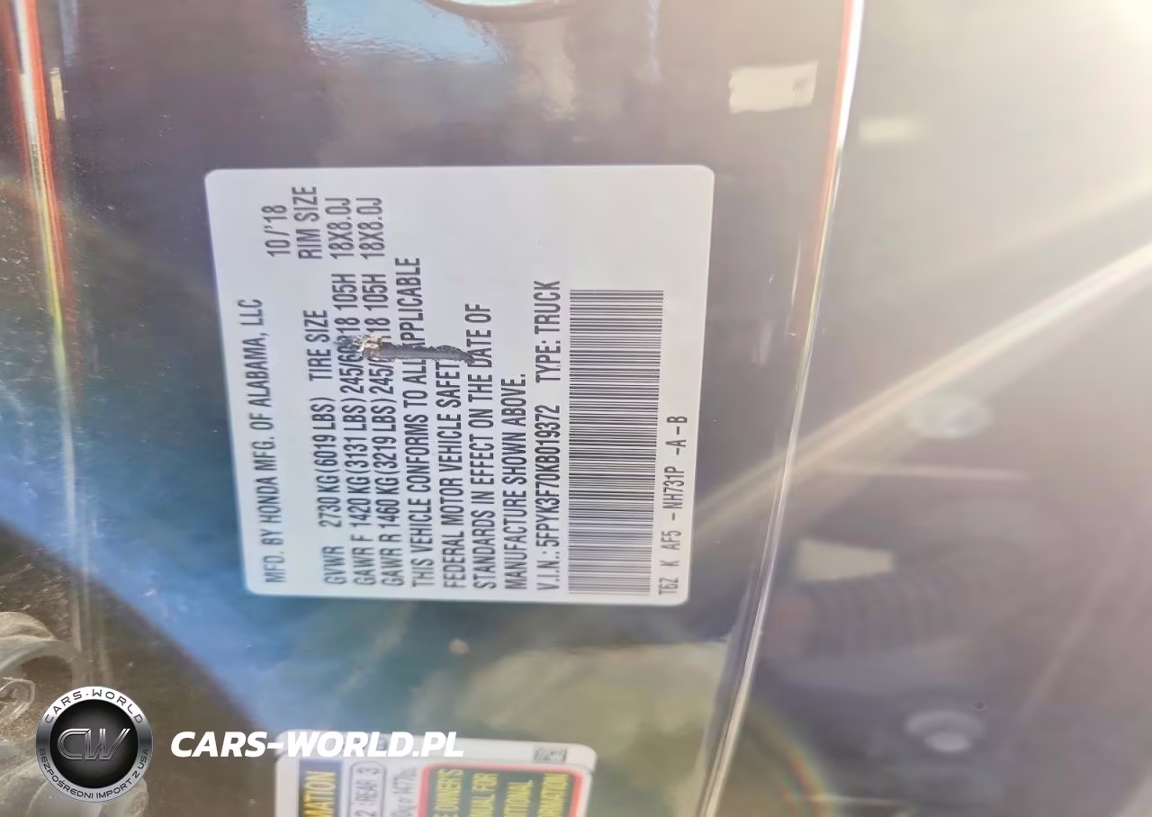 2019 Honda Ridgeline Rtl VIN:5FPYK3F70KB019372 - 12