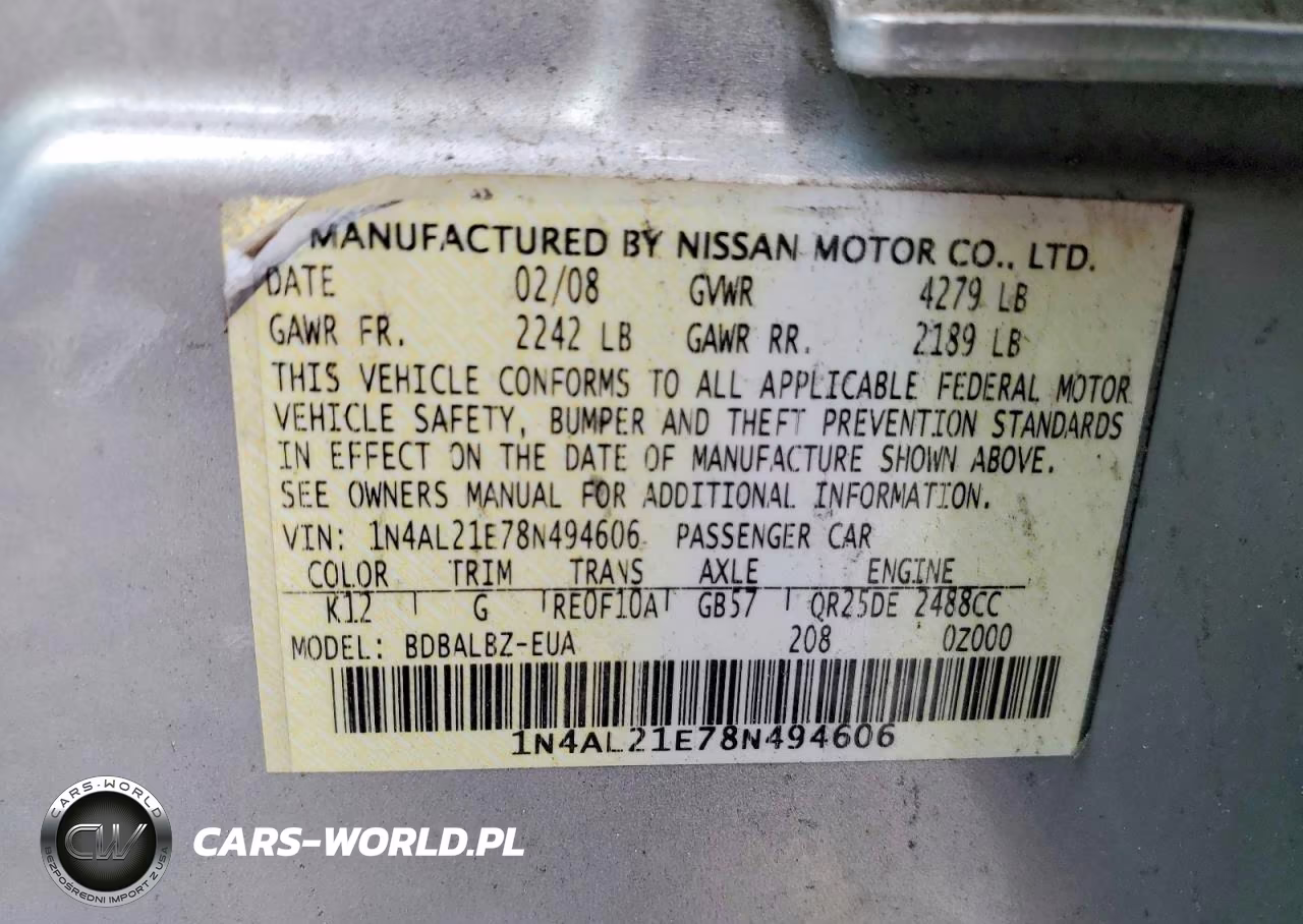 2008 Nissan Altima 2.5 VIN:1N4AL21E78N494606 - 12
