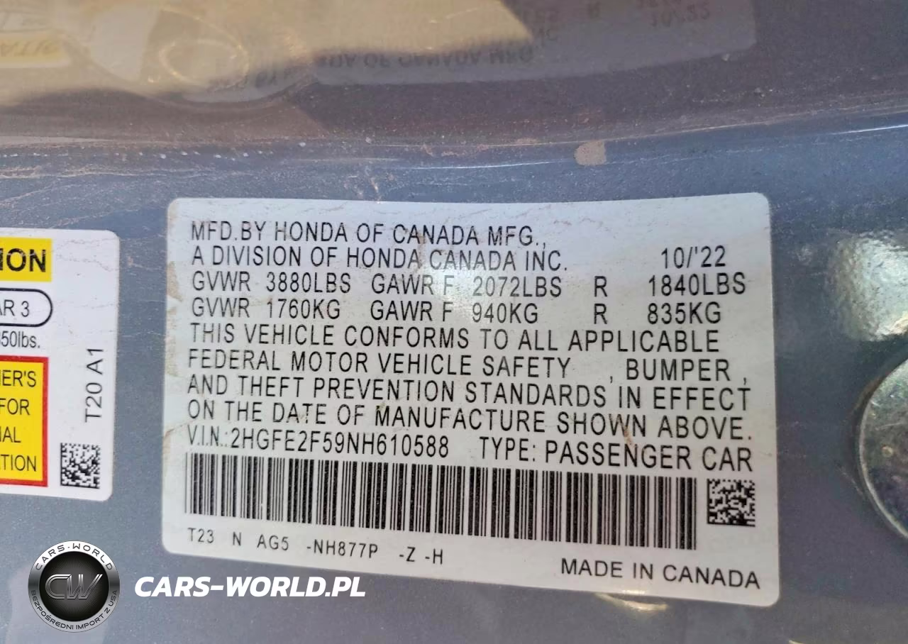2022 Honda Civic Sport VIN:2HGFE2F59NH610588 - 13