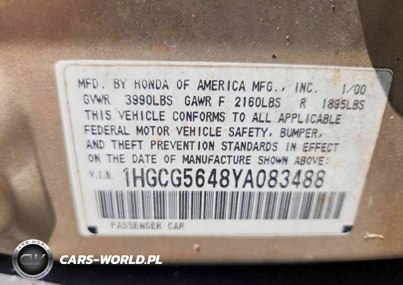 2000 Honda Accord Lx VIN:1HGCG5648YA083488 - 12