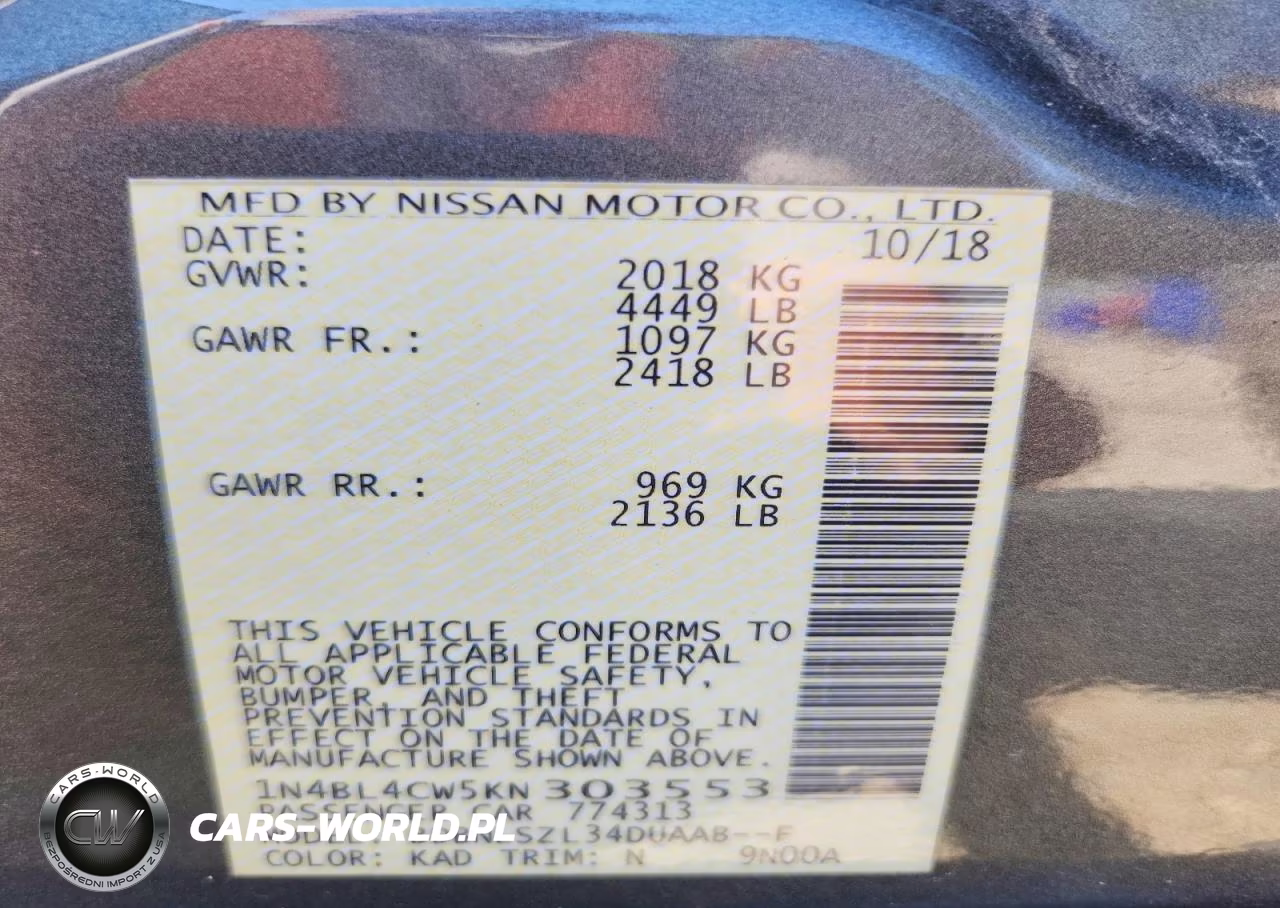 2019 Nissan Altima Sr VIN:1N4BL4CW5KN303553 - 12