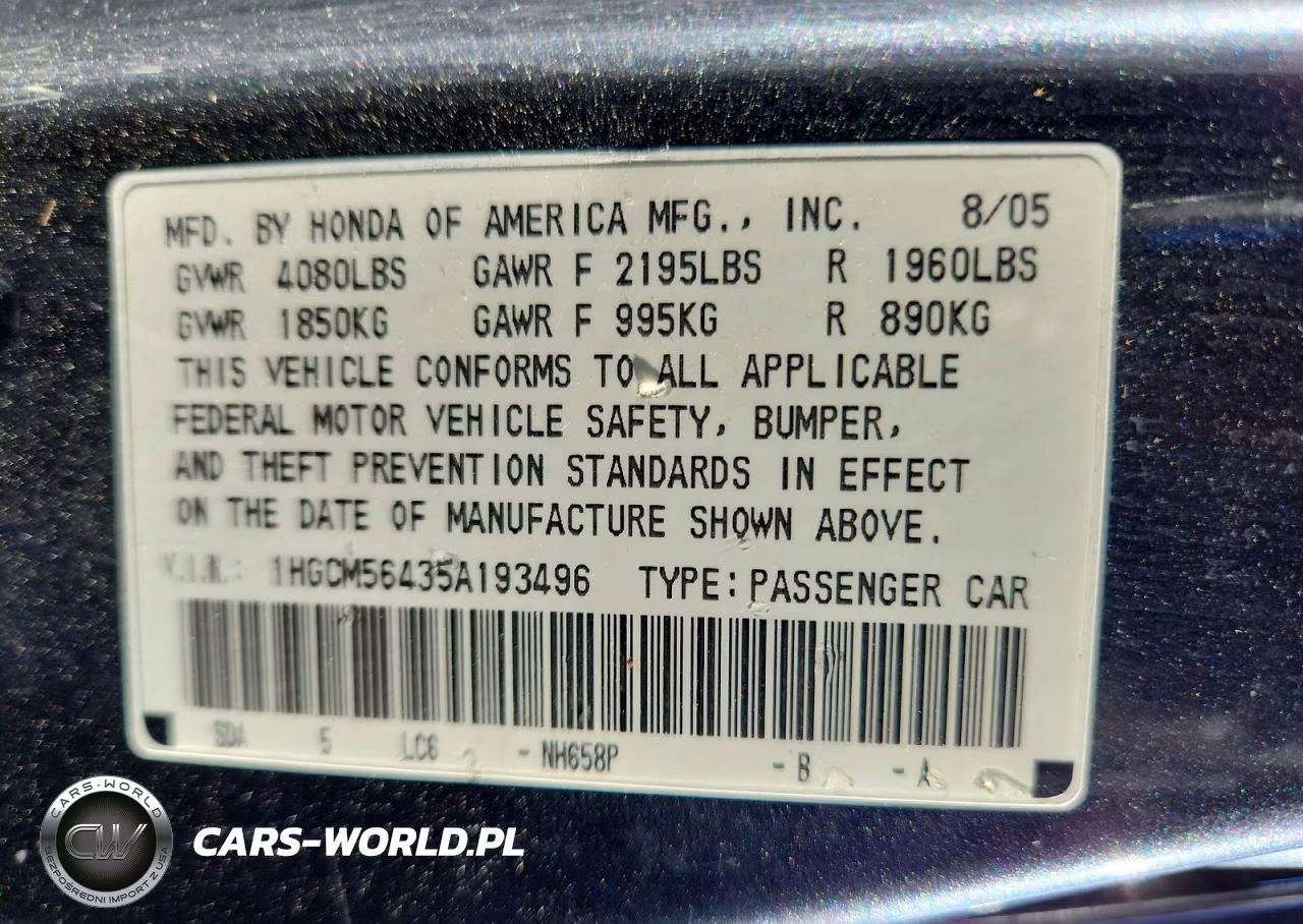2005 Honda Accord Lx VIN:1HGCM56435A193496 - 12